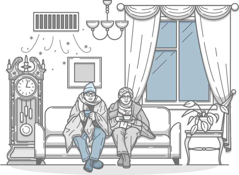 Couple bundled up indoors as furnace blows cold air, highlighting HVAC issues in Seattle.