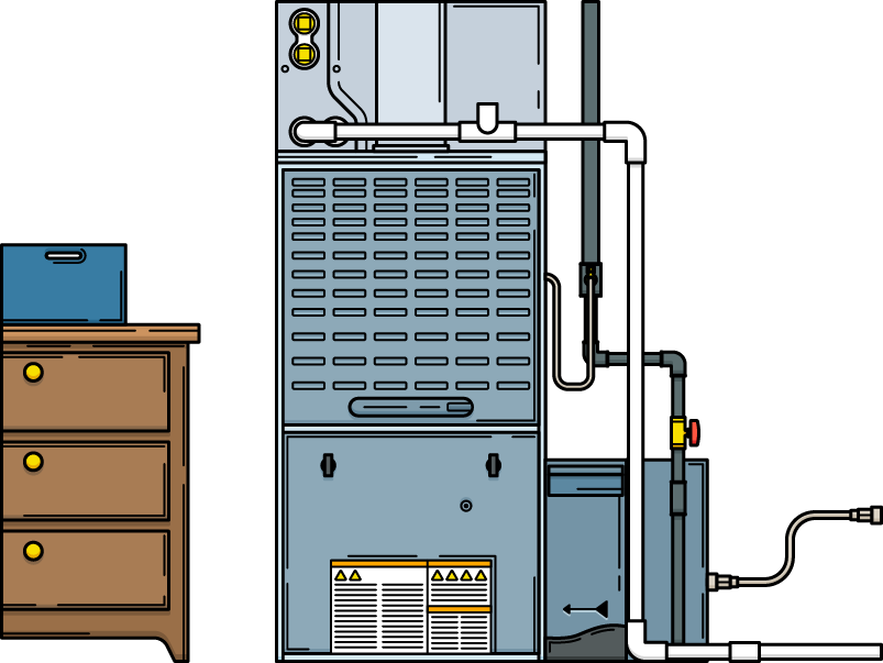 Illustration of a residential HVAC furnace system next to a filing cabinet, highlighting the setup for expert HVAC maintenance or repair.