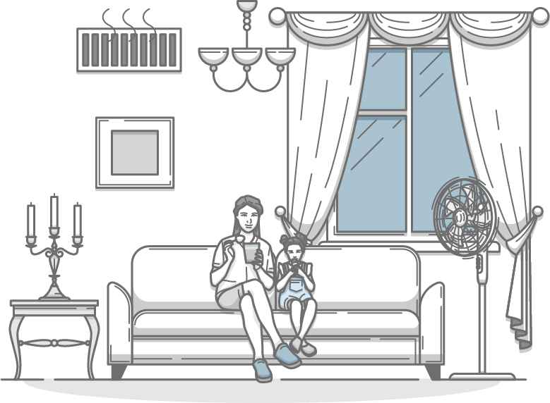 A family using a fan indoors due to a non-functional air conditioner, illustrating a common HVAC issue in Seattle homes.