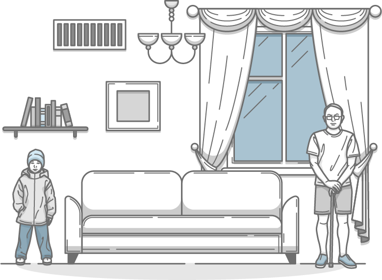 Illustration of a home interior showing a bundled-up child and a man in summer clothing, highlighting uneven heating or cooling caused by HVAC issues.