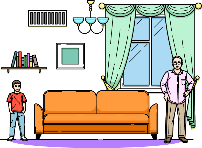 Illustration of a living room with a child and an adult standing apart, representing uneven heating or cooling across different areas of the room.