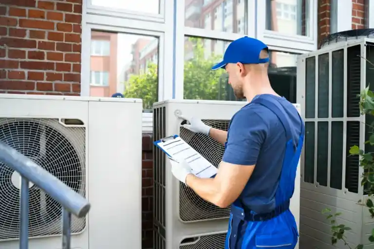 HVAC technician inspecting an outdoor air conditioning unit with checklist, preparing for AC repair in King and Snohomish Counties.