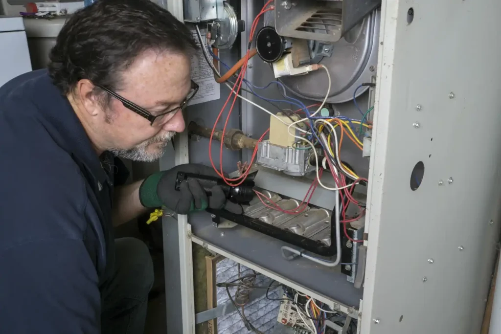 HVAC technician inspecting and repairing a broken furnace unit in Snohomish County home.