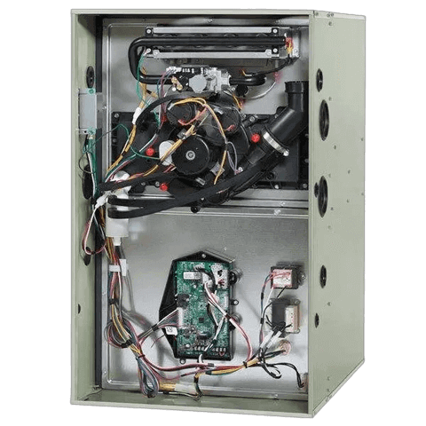 Interior view of a furnace unit showing wiring, control boards, blower motor, and various internal components.