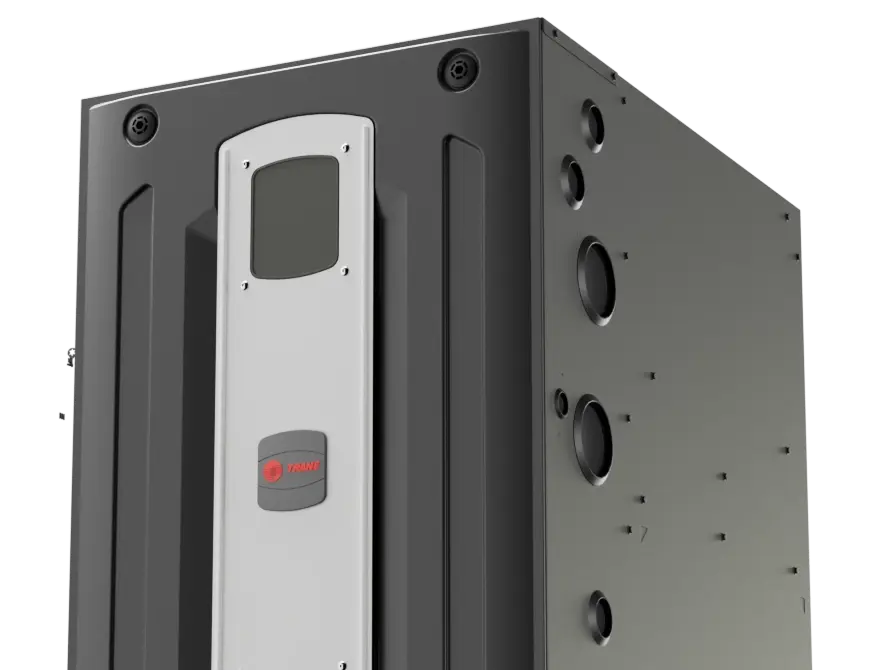 Close-up view of a modern Rheem furnace unit with a sleek, black and gray exterior design.